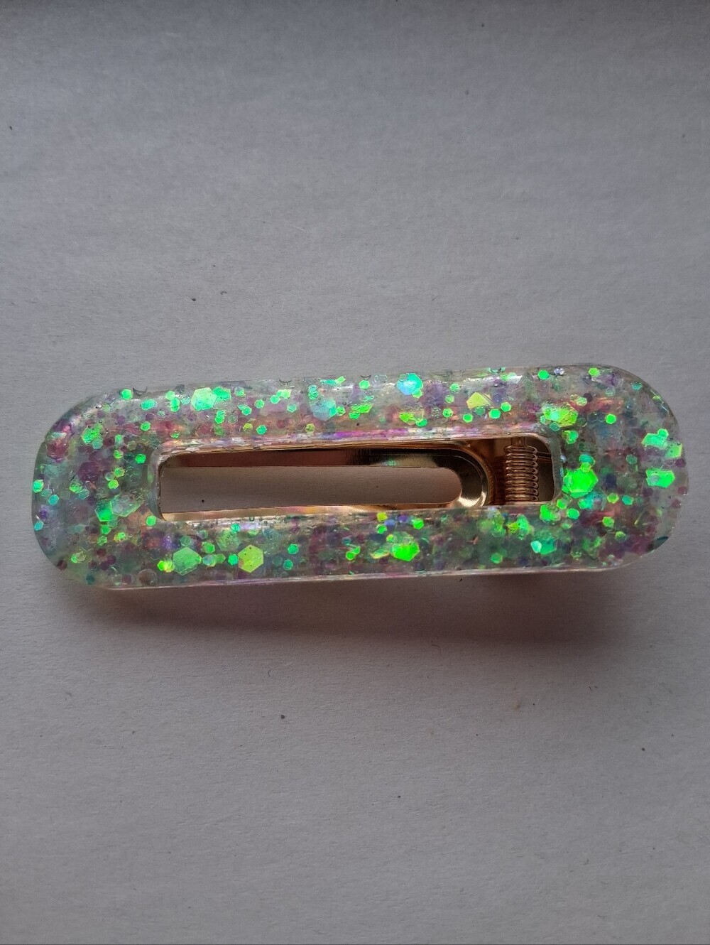 5/$25 Hand Crafted Green Iridescent Glitter Resin Hair Clip
